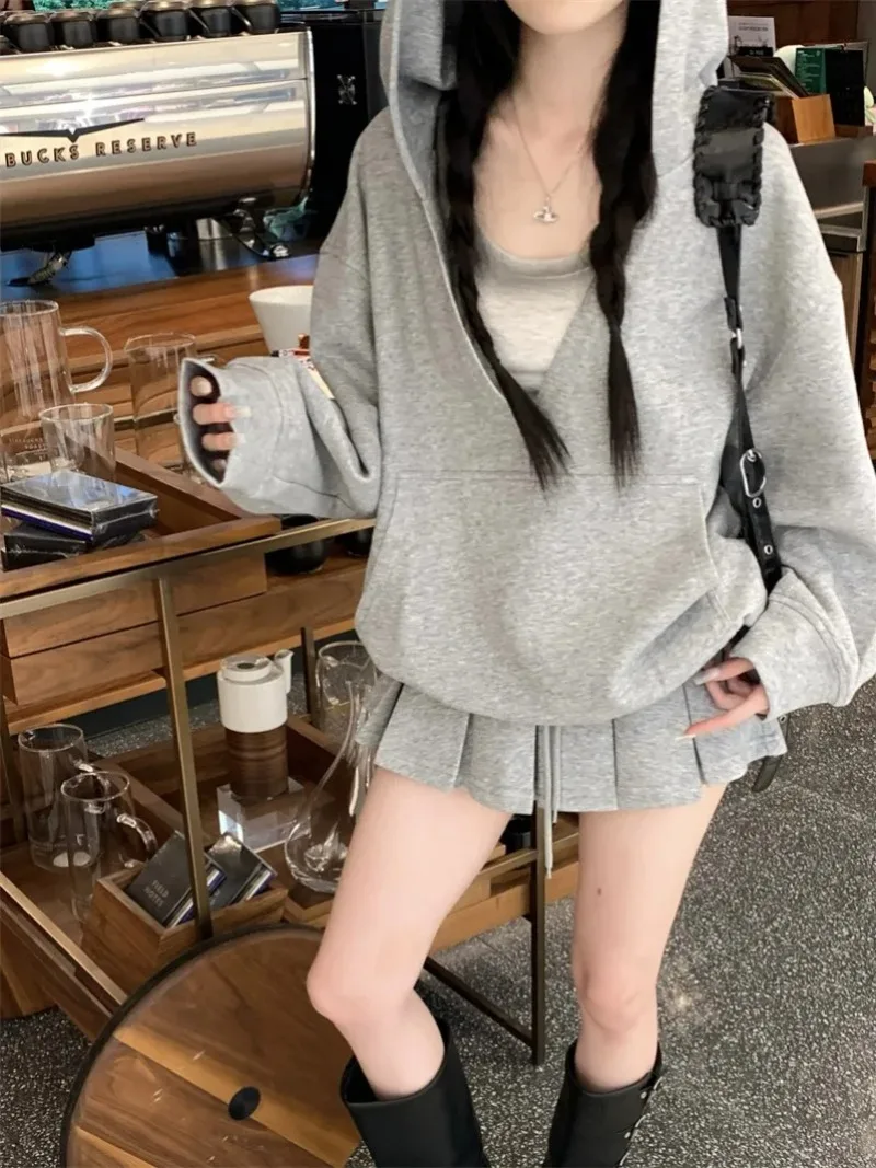 Solid V-neck Hooded Sweatshirt for Women Autumn Fashion Casual Loose Harajuku Hooded Korean Style Pullover Streetwear Y2k Tops