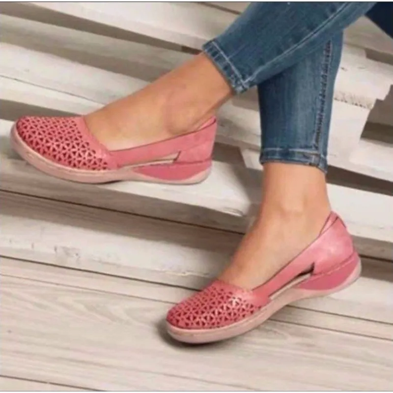 Rimocy Pink Leather Hollow Out Loafers Women 2022 Autumn Slip on Wedges Sneakers Women Plus Size 35-44 Casual Flats Shoes Woman