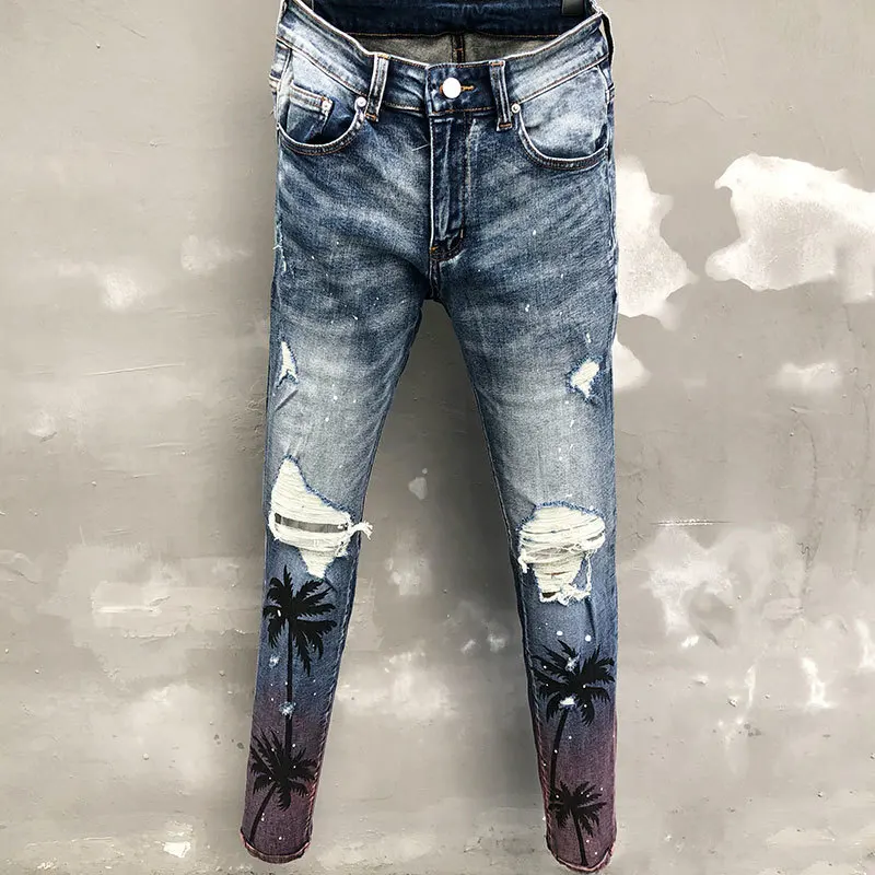 

2023 Fall Streetwear Ripped Jean Coconut Tree Print Patchwork Jean Hombre Motorcycle Pants Noir Homme Zipper Jean For Men