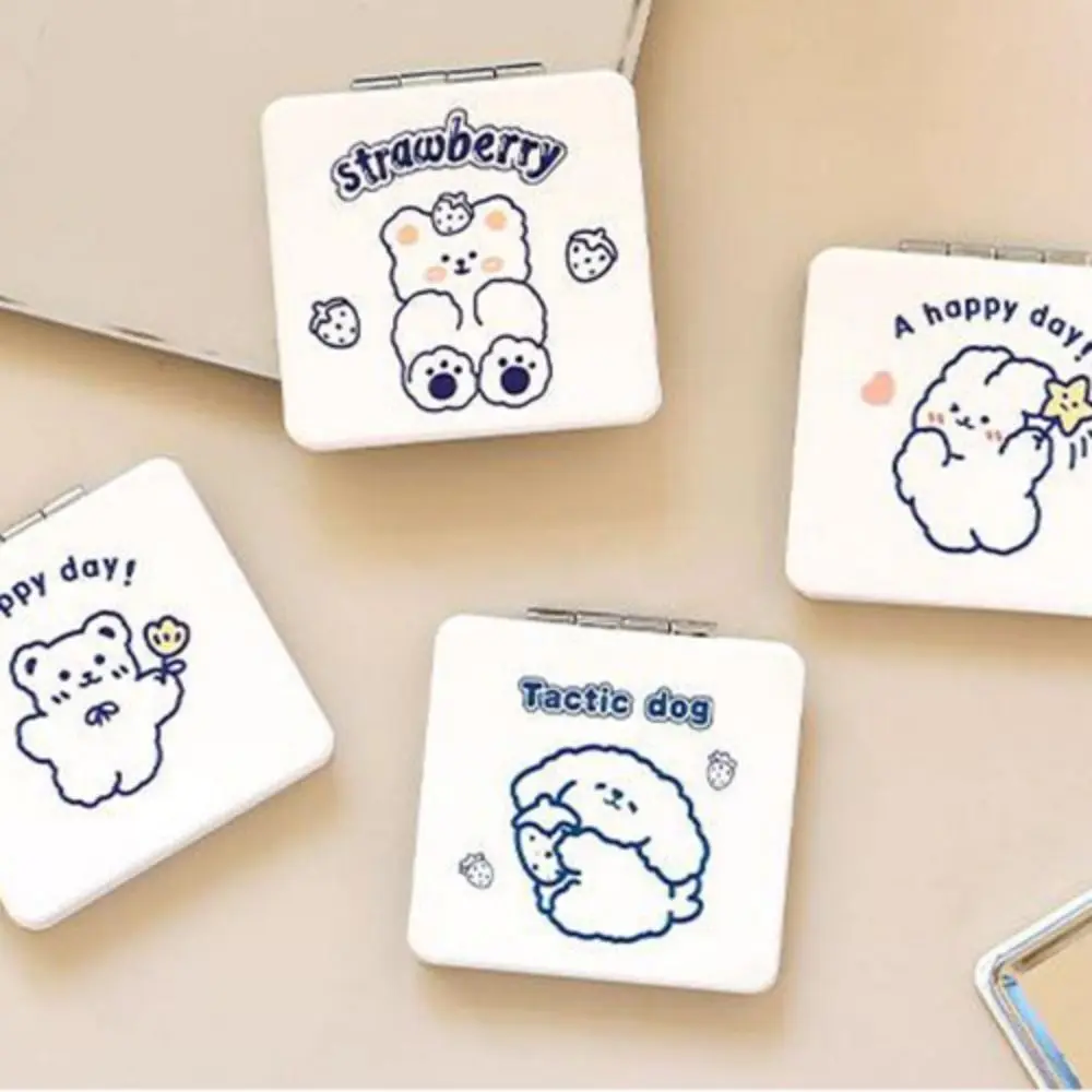 Little Bear Folding Makeup Mirror Double-Sided Cartoon Dog Cosmetic Mirror Mini Magnifying Compact Pocket Mirror Girls Ladies