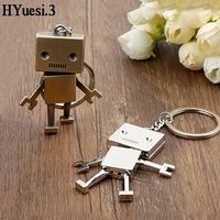 3D Movable Joint Mini Robot Keychain Punk Style Bronze Color Box Shaped People Metal Waist Hanging Key Ring Backpack Decration