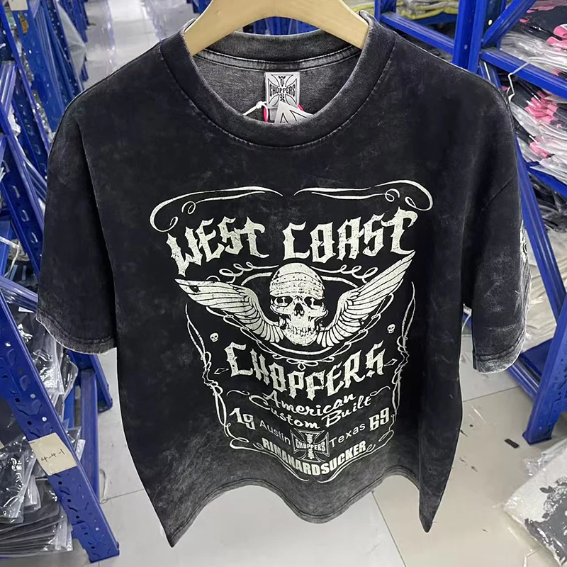 West Coast Choppers T-shirt Men's Washed Black Skull Letter Print WEST COAST Short Sleeve Streetwear