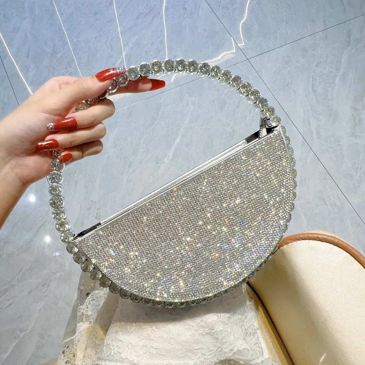 

New Round Crystal Evening Bag for Women, French Style Handbag with Detachable Chain,Crossbody Purse for Party, Wedding, Banquet