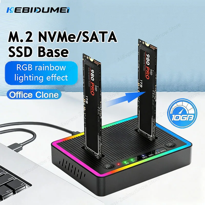 KEBIDUMEI Offline Clone Dual Bay M.2 NVME/SATA SSD Docking Station 10Gbps Hard Disk M.2 SSD Duplicator USB3.2 GEN2 RGB Enclosure