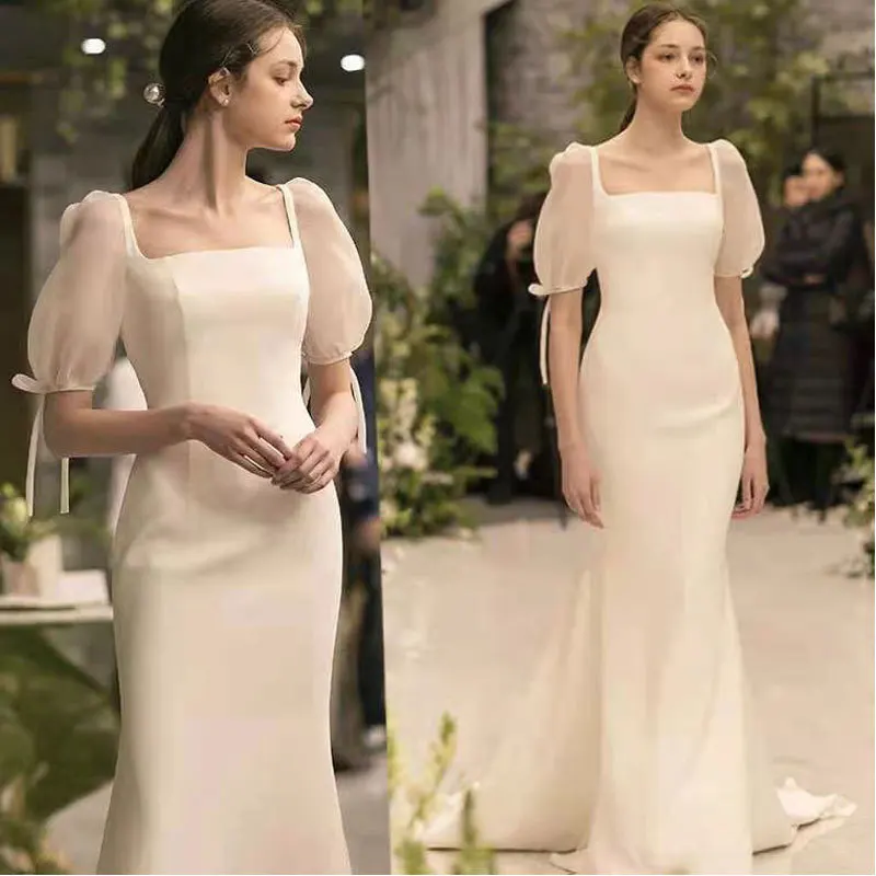 Otoño nueva novia de boda satén retro vestido de novia ligero cuello cuadrado cola de pez vestidos simples finos