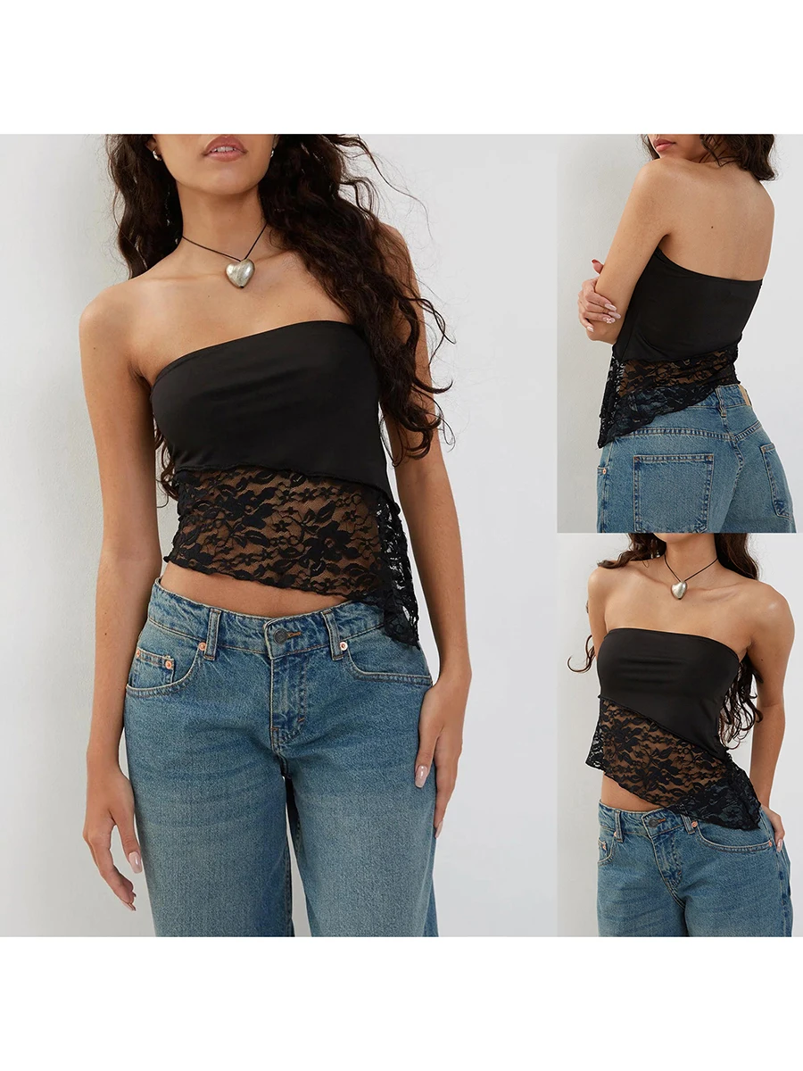 Women s Summer Skinny Tank Tops Black Sleeveless Off Shoulder Irregular Lace Floral Bandeau