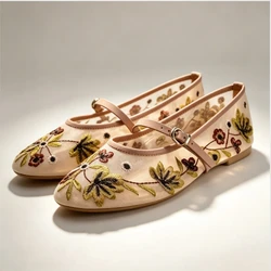 Breathable Mesh Women Ballet Flats Flower Embroidered Mary Jane Shoes for Ladies Casual Round Toe Brand Designer Autumn Footwear