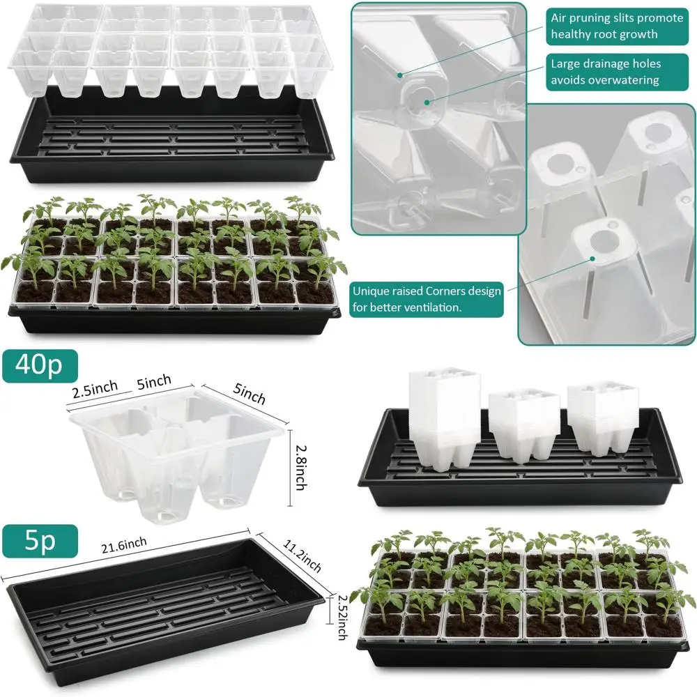 

5 комплектов усиленных лотков для рассады 1020 и 40 прозрачных 4-ячеистых стартовых контейнеров с дренажем для выращивания растений