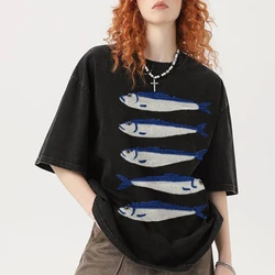 Gojo Cartoon saled Fish Print t-shirt allentata da donna oversize Wash manica corta estate 2024 Fashion Design Casual Top