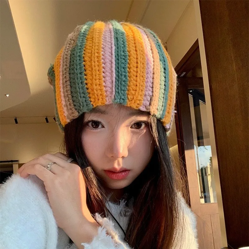 الكورية اللون عمودي مخطط سدادات حماية الأذن الدافئة الرجعية محبوك قبعة الرجال والنساء الشتاء كبير رئيس التزلج الجمجمة قبعة قبعات #3