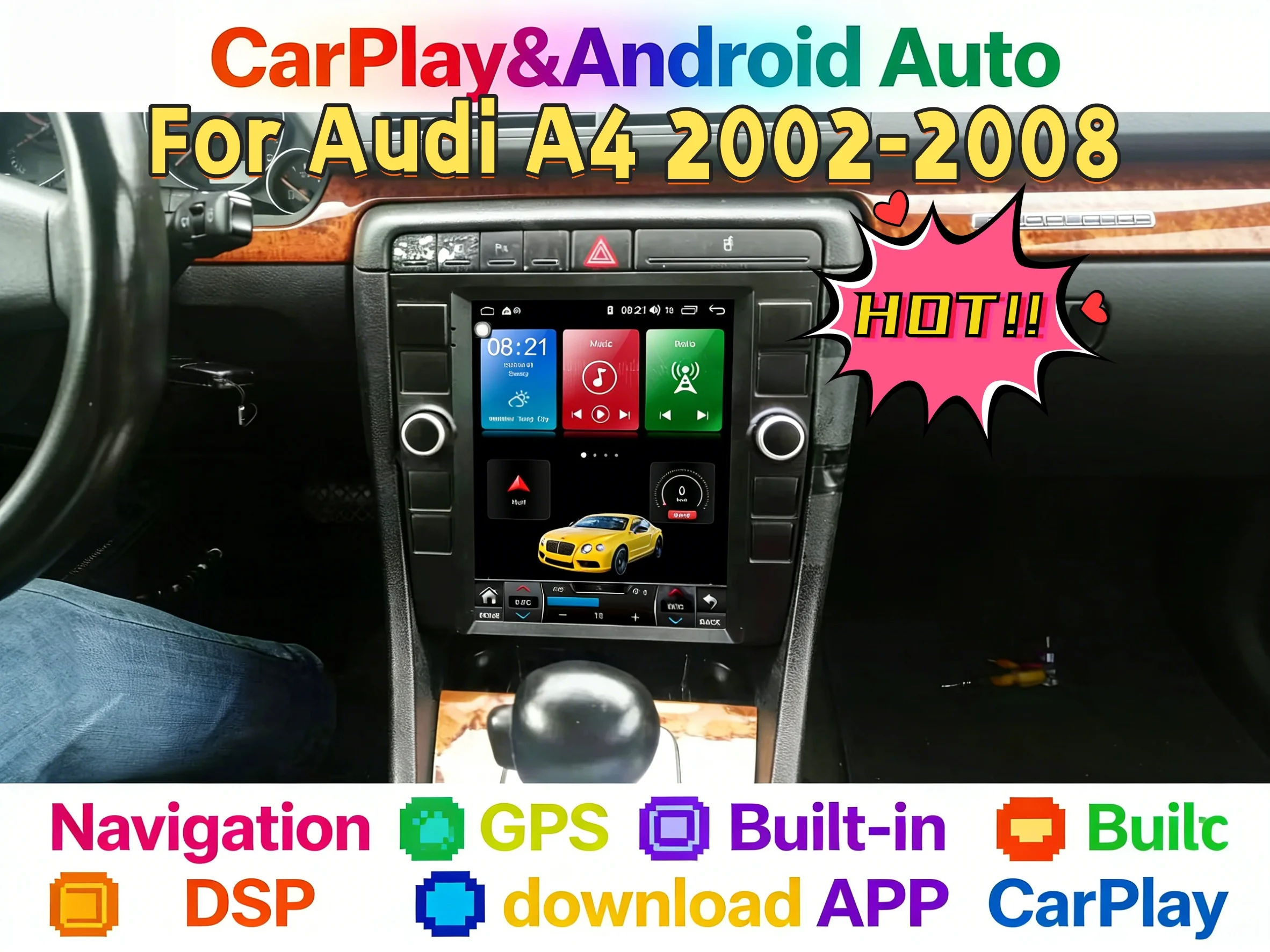

9,7-дюймовый новый Android Carplay Bluetooth для Audi A4 2002-2008, мультимедийный плеер, сенсорный экран, автомобильный радиоприемник, навигация, стерео головное устройство