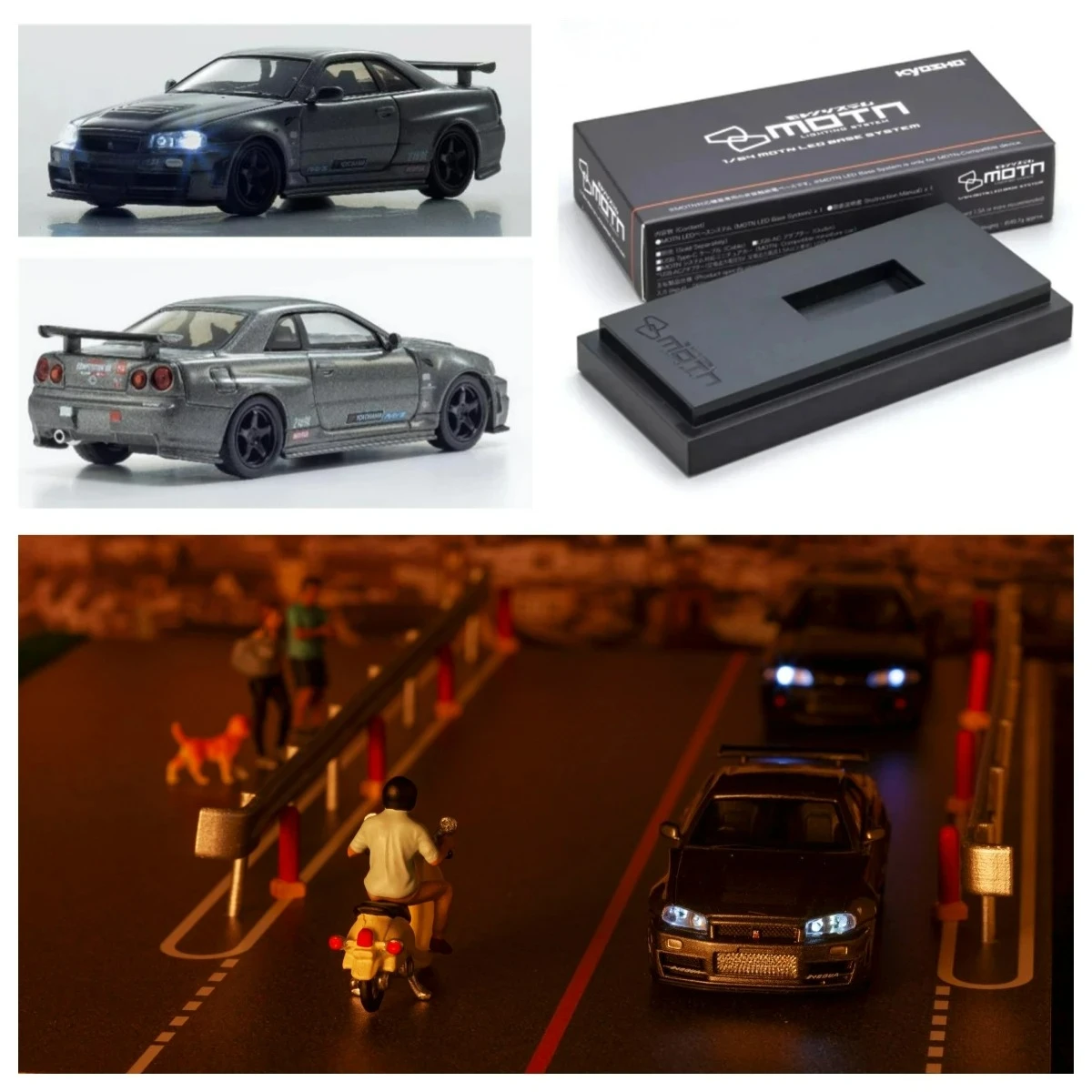 

Kyosho 1:64 GT-R R34 Gray LED / MOTN LED BASE SYSTEM Collection Miniature Diecast Metal Model Car