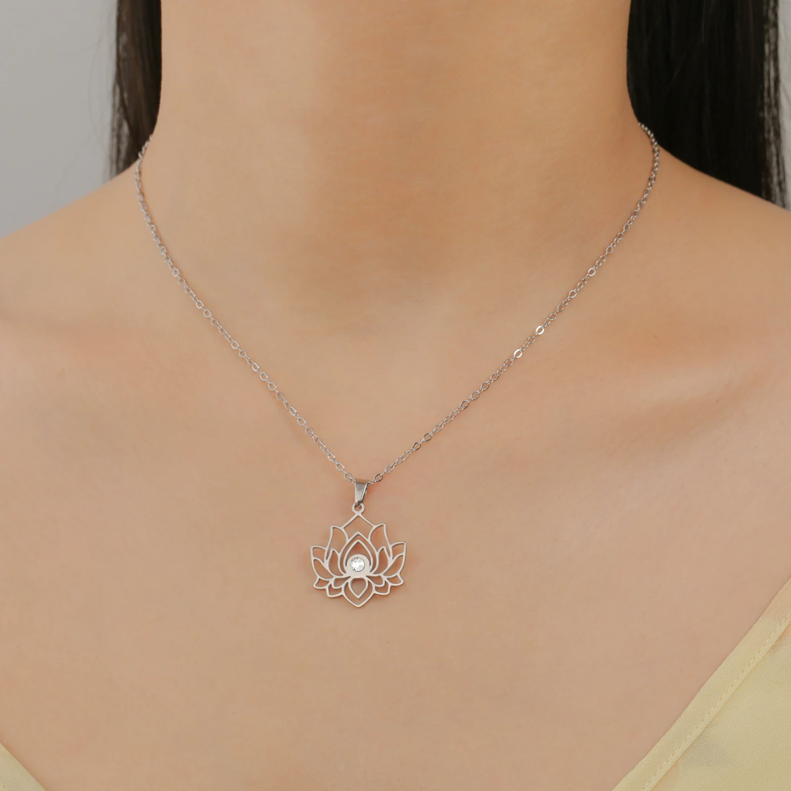 Skyrim Lotus Flower Necklace Women Stainless Steel Clear Zircon Pendant Neck Chain Yoga Chakra Buddhism Jewelry Christmas Gifts