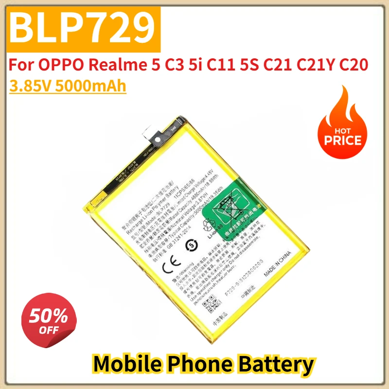 

High Quality BLP729 Mobile Phone Battery 3.85V 5000mAh For OPPO Realme 5 C3 5i C11 5S C21 C21Y C20 Brand New Replacement Battery