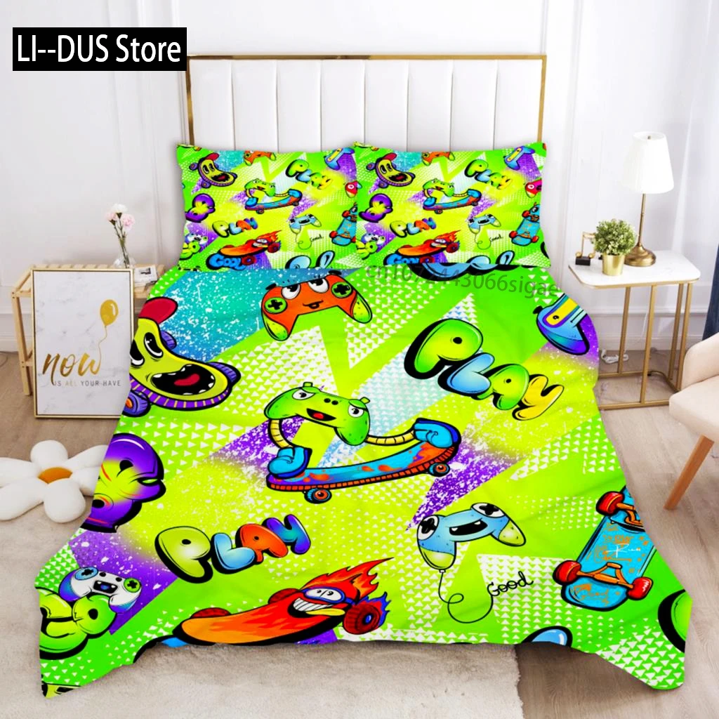 

Gamepad Duvet Cover Set Full Size Colorful Video Game Control Button Zone Comforter Cover Gamer Player Joystick Twin Bedding Set