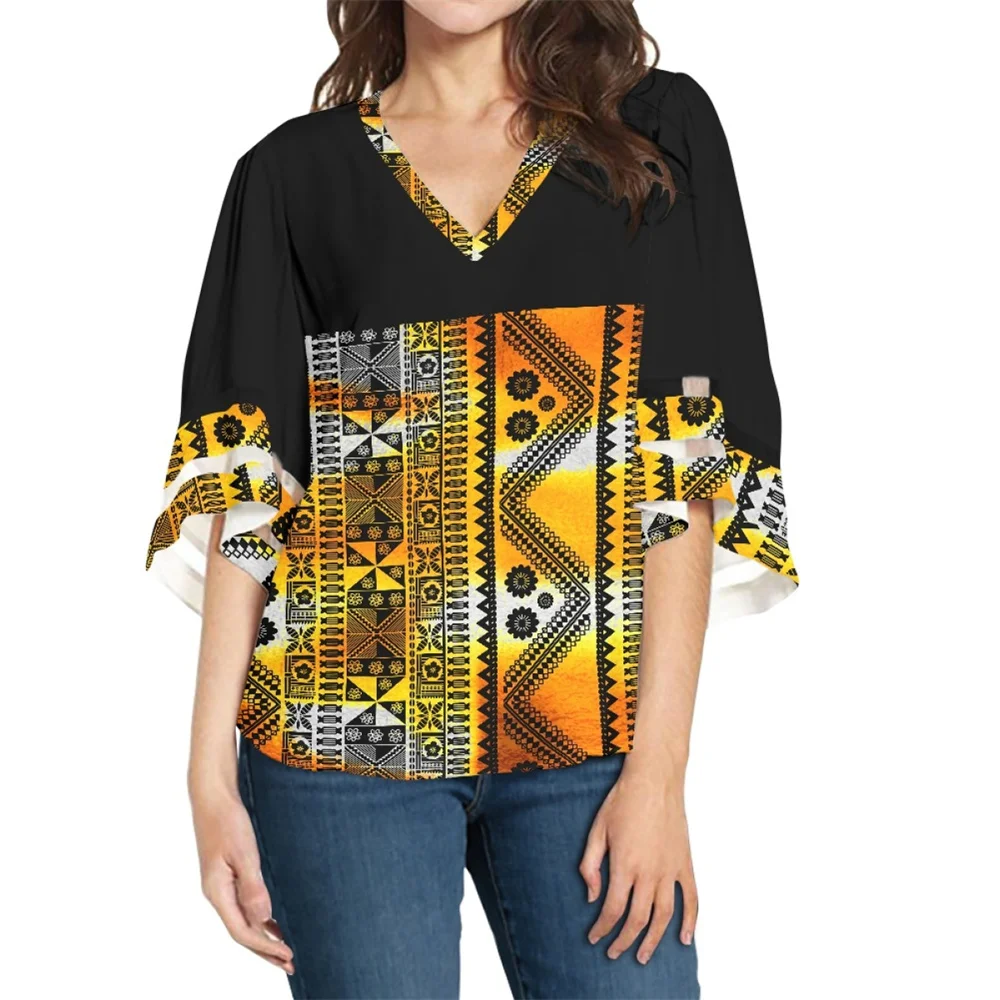 Summer Women Chiffon Shirt Top V-neck Blouse Casual Polynesian Tribal Clothing Samoa Fijian Tapa Tonga Flower Iridescence Print