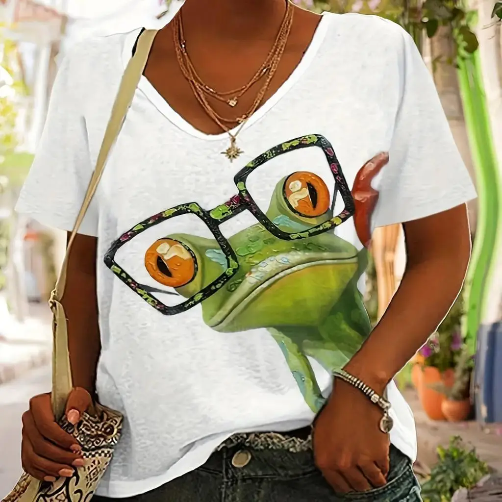 

Женские летние футболки с 3D-принтом «Милая лягушка-кошка», с V-образным вырезом, коротким рукавом, в уличном стиле Y2K, повседневные топы в стиле Харадзюку, женская одежда