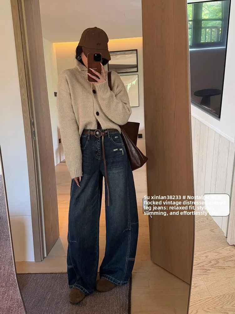 

Женские джинсы с широкими штанинами на подкладке Fce, осень-зима, новые свободные джинсы с высокой талией длиной до пола, джинсовый нож