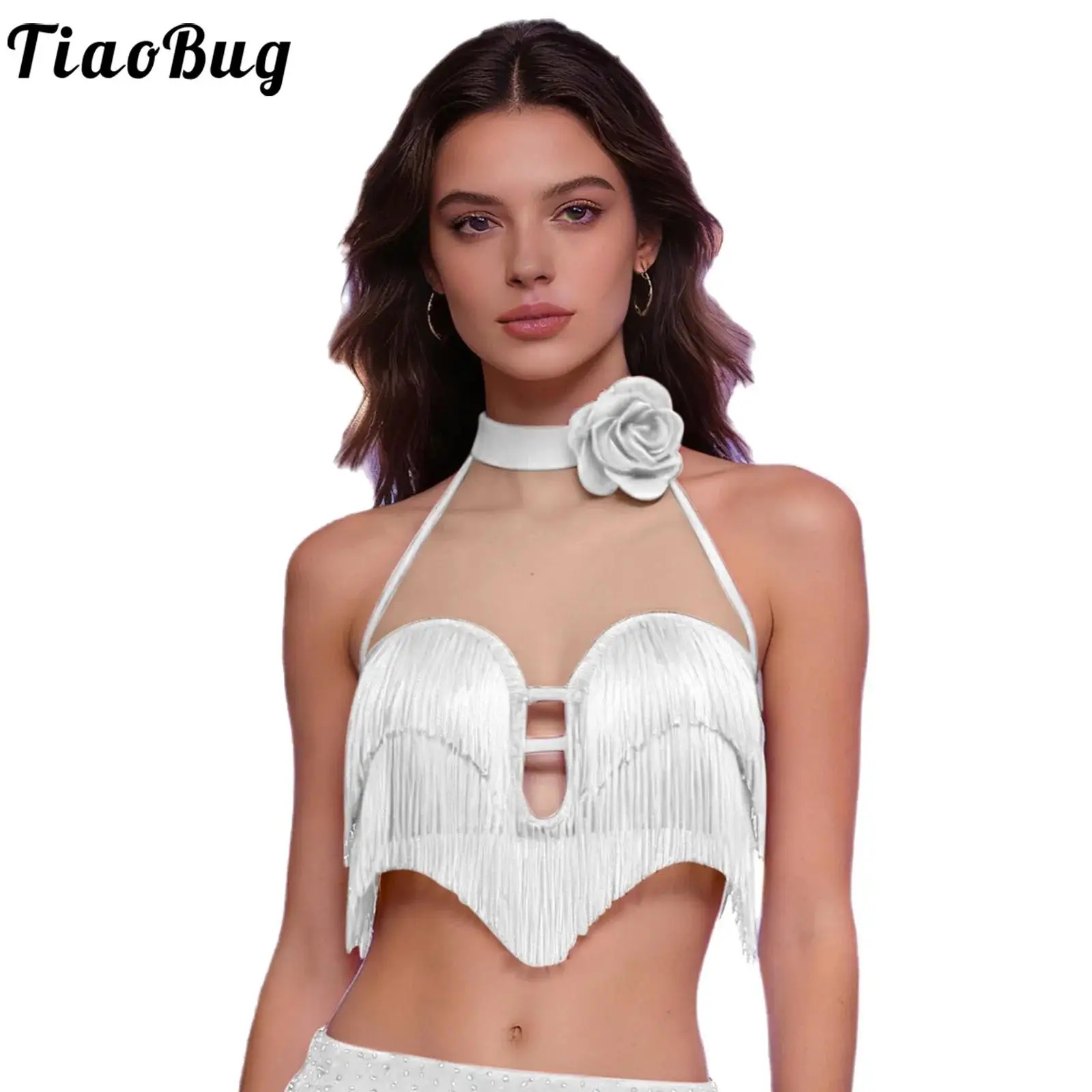 

Women Latin Dance Performance Cropped Tops 3D Flower Applique Vest Mesh Patchwork Tiered Tassel Sleeveless Top for Tango Salsa