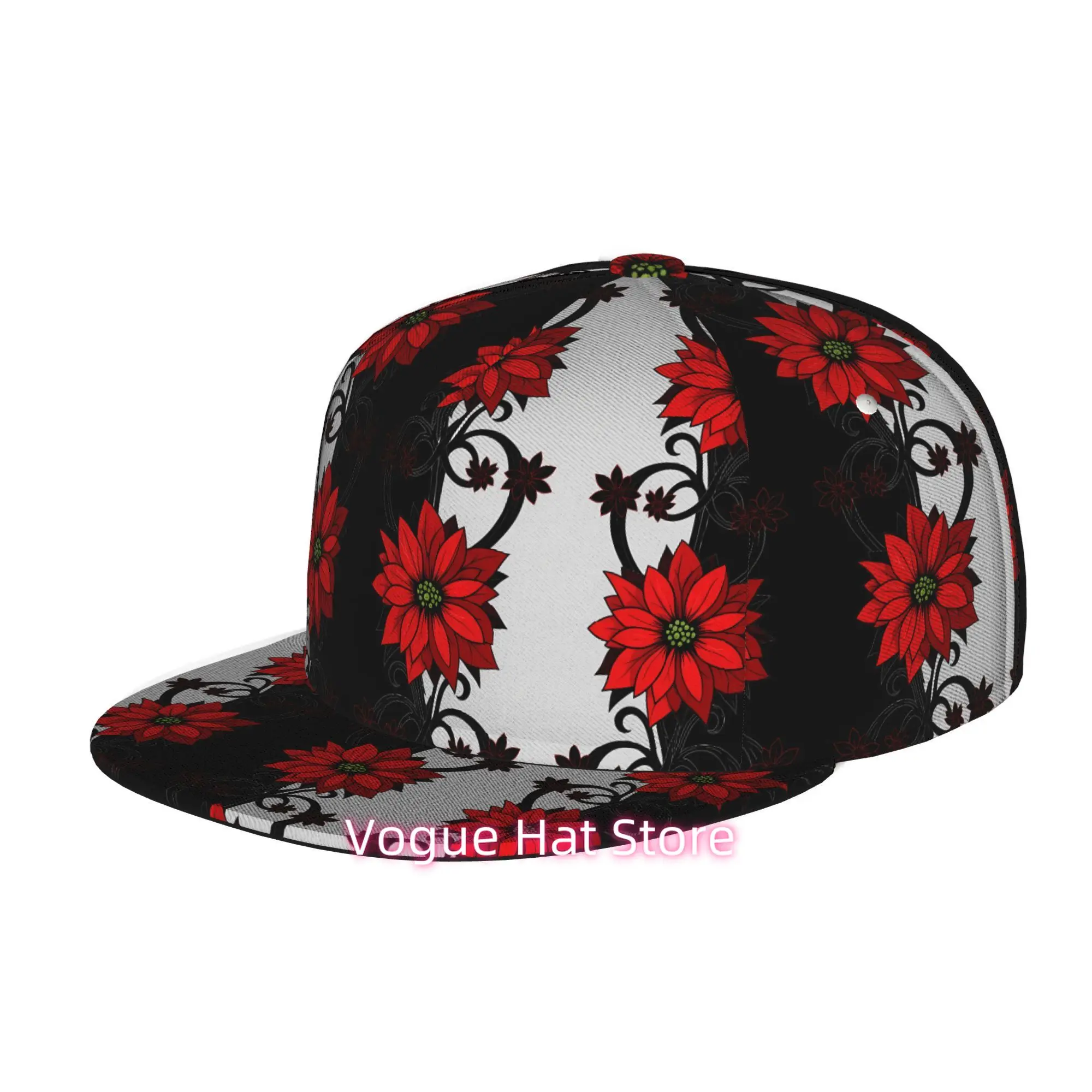 Men's and Women's Baseball Cap, Red Poinsettia Floral Pattern Adjustable Snap-on Brim, Flat-top Design - Suitable for Casual Out