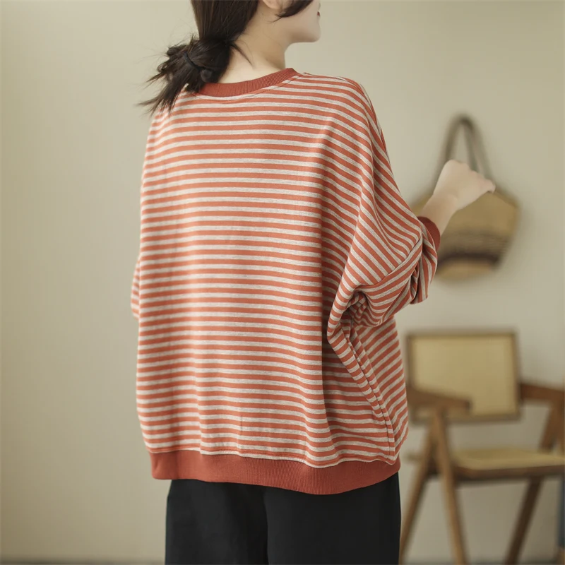 

Plus Size Faionable Loose Casual Sweatirt Large Size Women's Simple Striped Button Long Sve Top Autumn New Arrival Street Sle