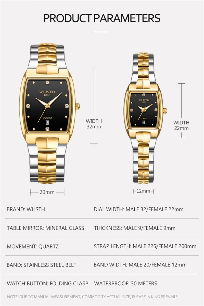 Mode wlisth Top Marke Gold Männer quadratische Uhren Luxus goldenen Quarz Edelstahl wasserdichte Armbanduhr relogio masculino