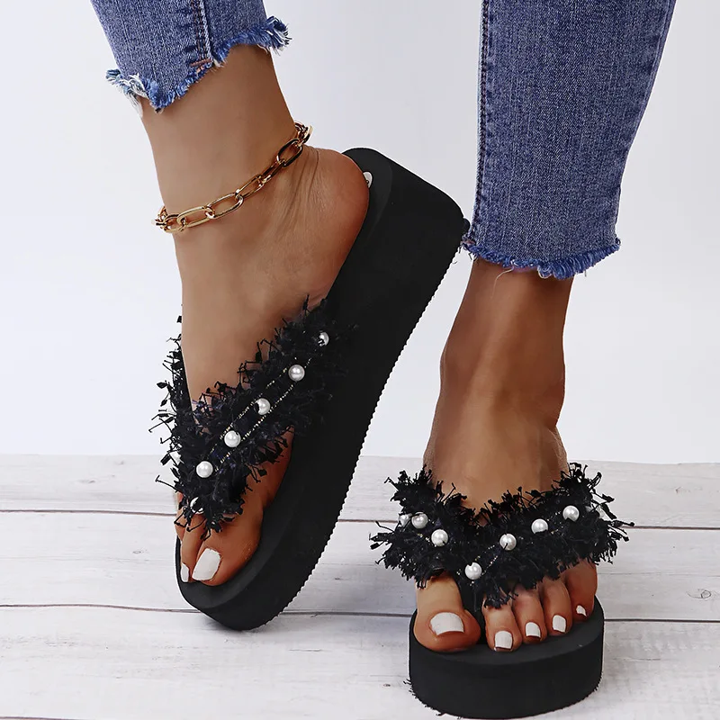 

Tassel Pearl Flip Flops Women Sequin Wedges EVA Platform Sandals Summer Light Heighten Beach Slippers Fashion Large Size Slides