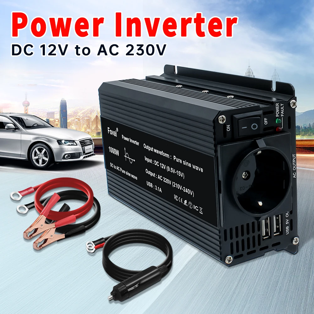 Convertidor de onda sinusoidal pura de 1000W y 1500W para coche, transformador Solar portátil de cc 12V a CA 220V con carga USB, enchufe de la UE