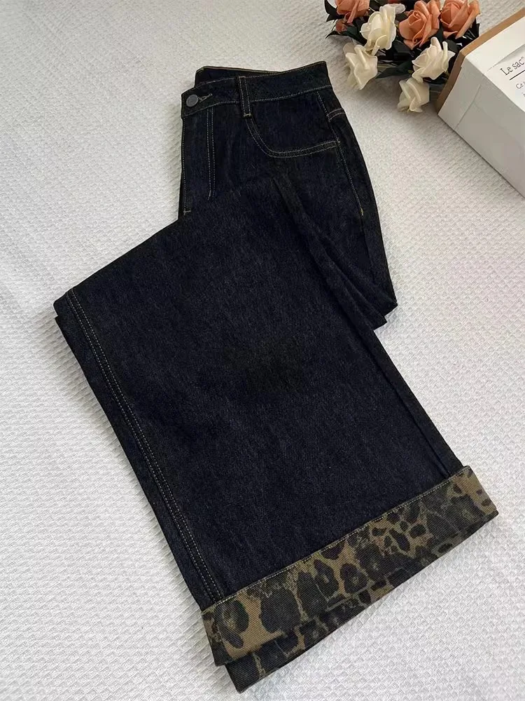 

Retro Bla Leopard Print Cuffed Denim Jeans Men's Spring Autumn Loose Straight Leg Wide Leg Pants American Trendy Brand High...