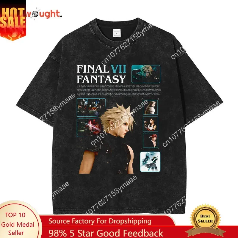 Cloud Strife T Shirt Hip Hop PC Game Final Fantasy Vii Vintage Washed Tops Tees Oversized Short Sleeve T-shirt  Man 100% Cotton