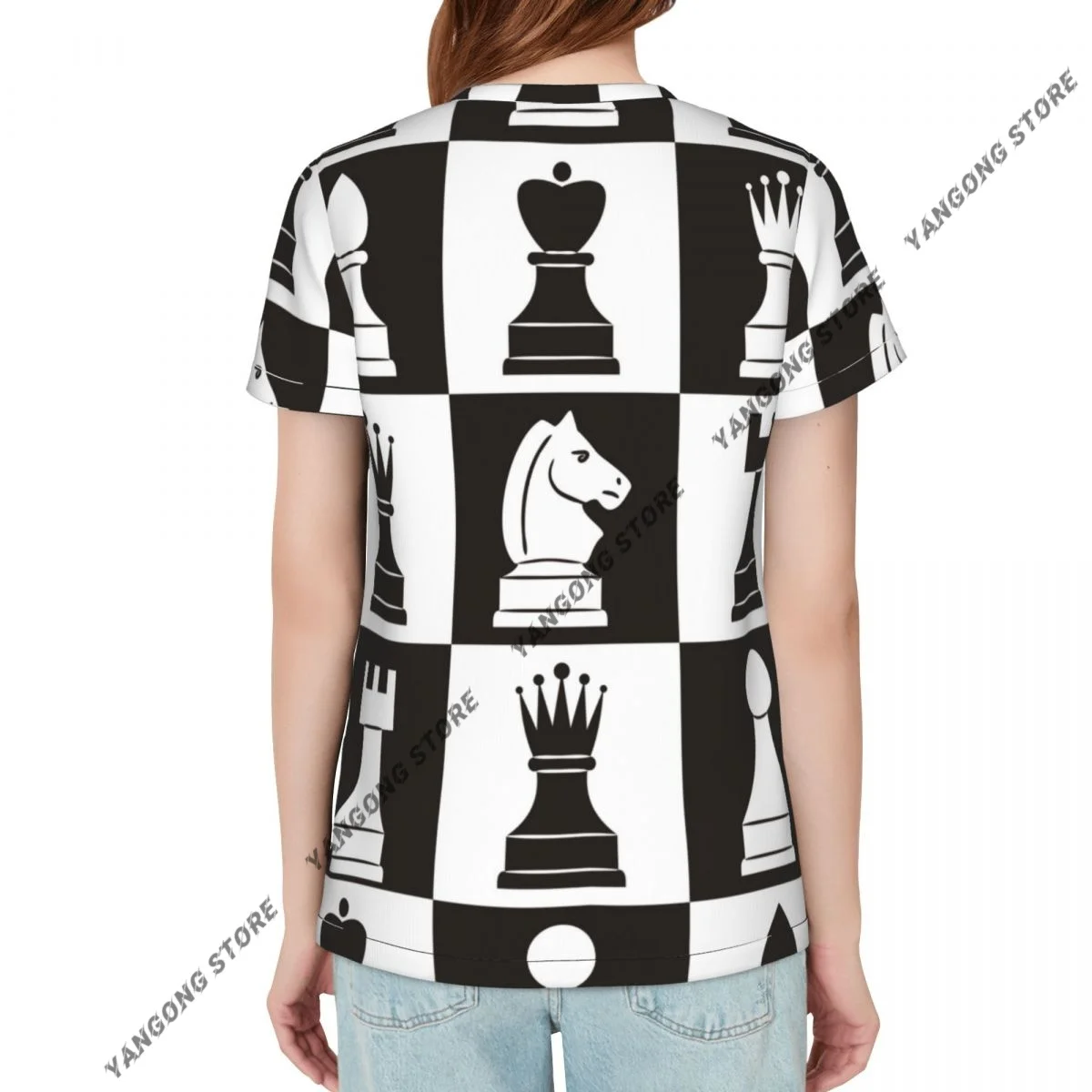 T Shirt Women Chess Pieces On Board Tee Shirt Casual Round Neck Short Sleeve Streetwear Female T-Shirt