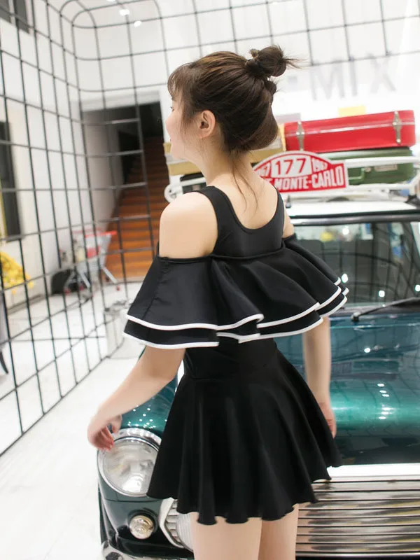 

Sexy Shoulder Bared Swimsuit for Women Conservative Cover up Thermal Spring Swimming Costume Black Size plus Girl