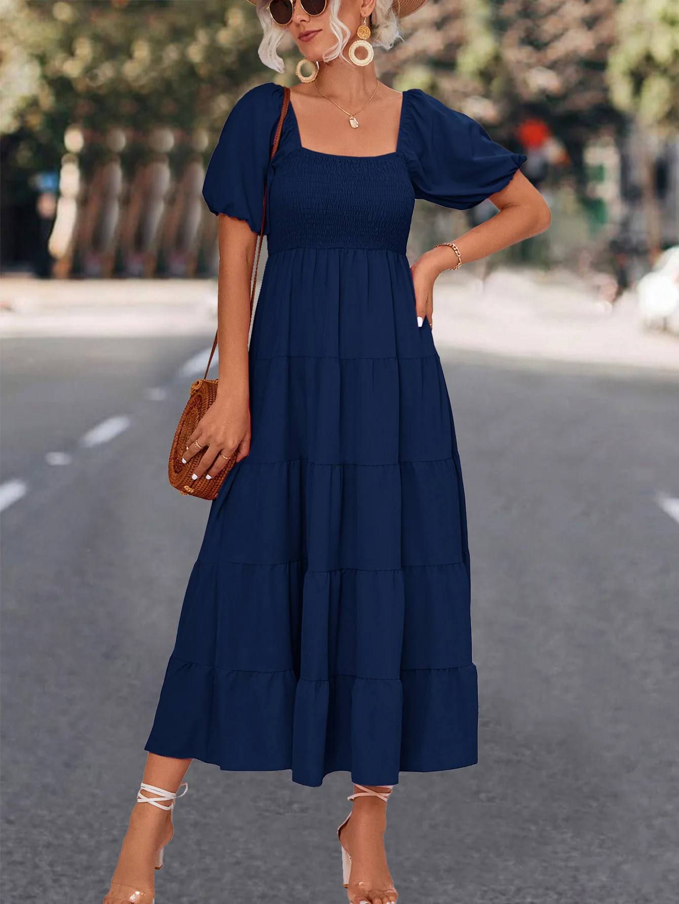 Women Solid Color Dress Square Neck Dress Puff Sleeve Fold Design Dress Casual Street Elegant Dress Women Loose Cake Dress