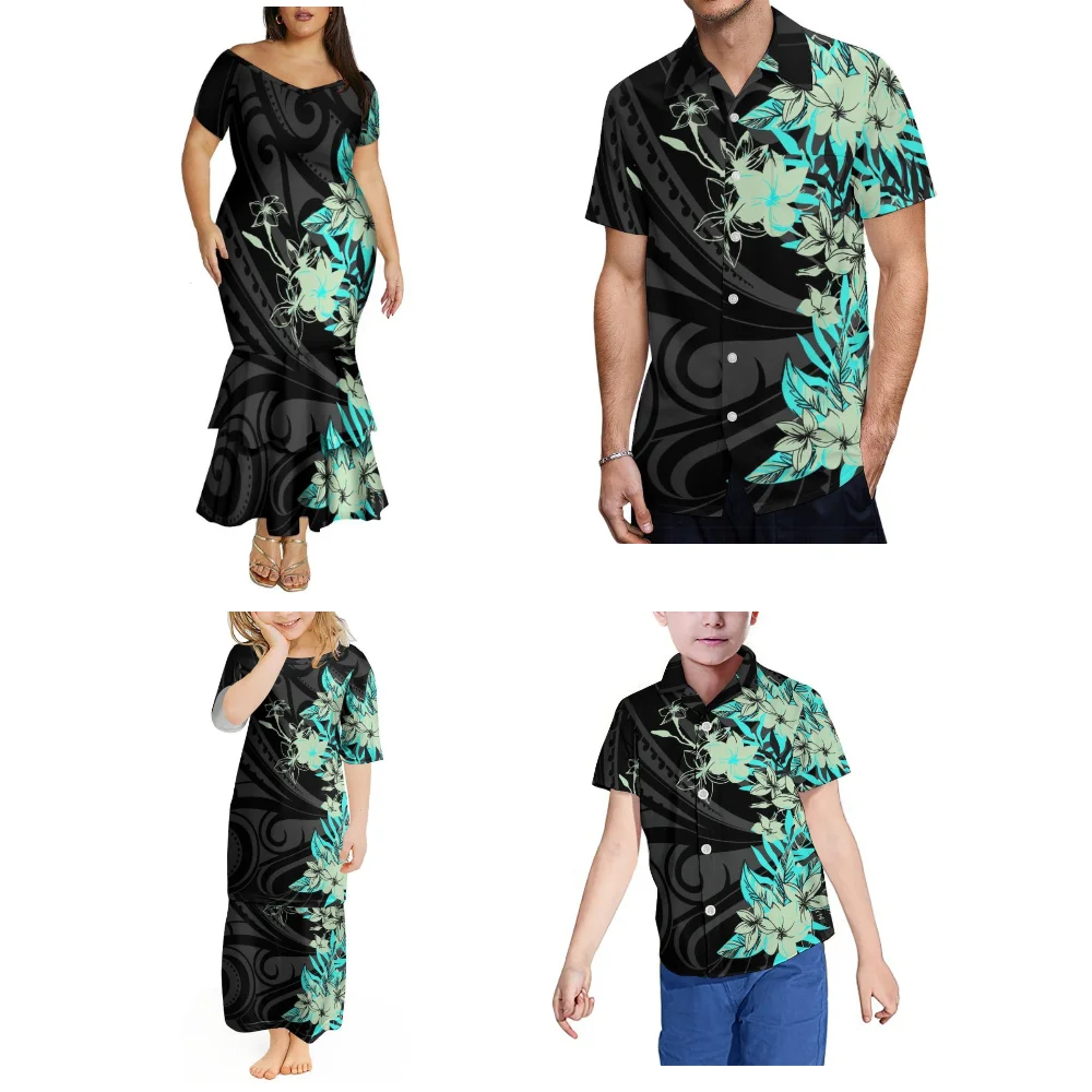 Vestido familiar de verão com decote em V, saia rabo de peixe de camada dupla fora do ombro, roupa polinésia feita sob medida para pais e filhos