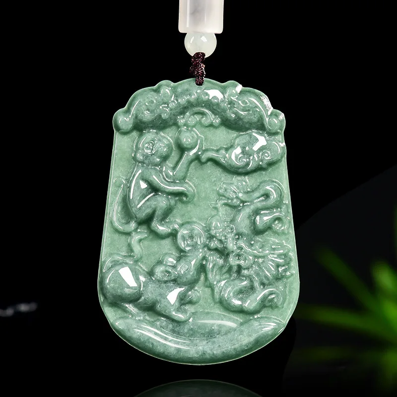 

Green Myanmar Jadeite Sanhe Zodiac Pendant Carved Amulet Jewelry Designer Vintage Necklace Gifts for Women Real Jade Fashion