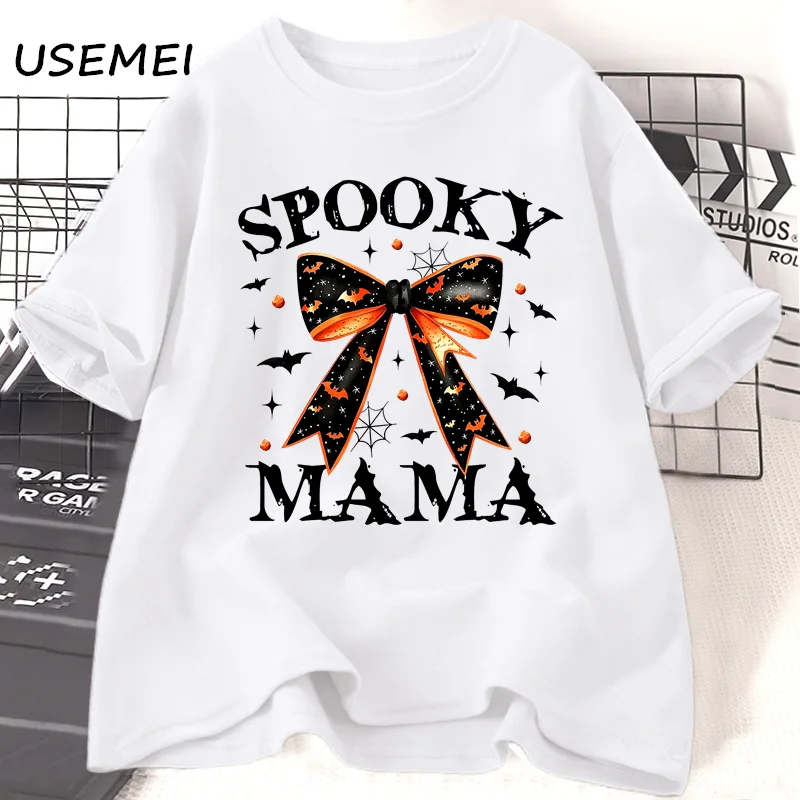 Spooky Mama Halloween T-shirts Women Mom Fall Season Retro T Shirt Casual Cotton Round Neck Tshirt Unisex Short Sleeve Clothing