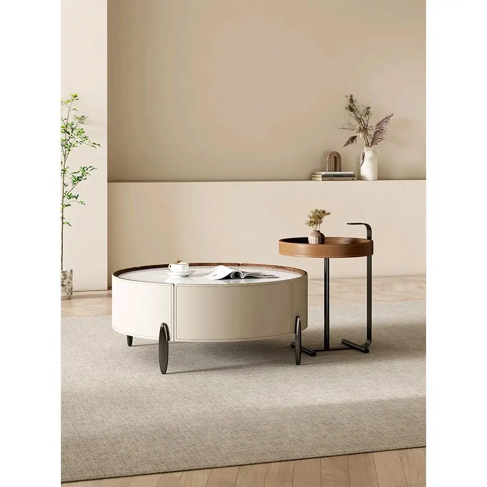 

Wabi Sansan ins Italian round rock slab coffee table combination simple cream saddle leather solid wood living room