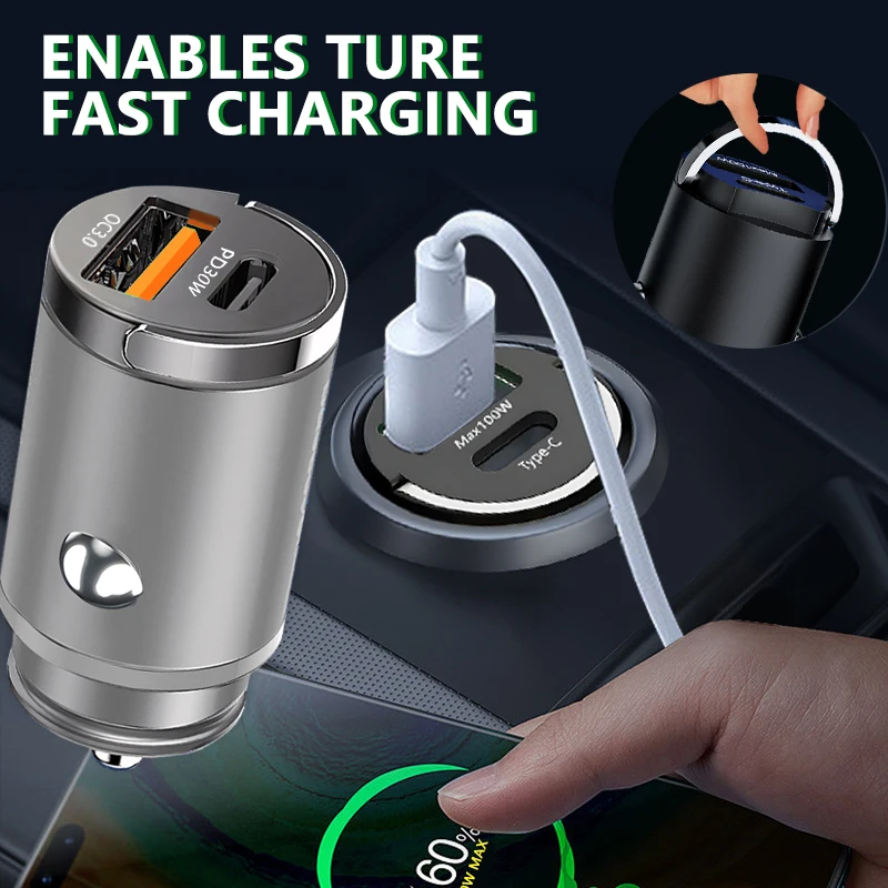 Mini 100W USB Car Charger Dual Ports Phone Charger Type C QC3.0 PD Fast Charge Pull Ring Fast Charger For Iphone Samsung Huawei