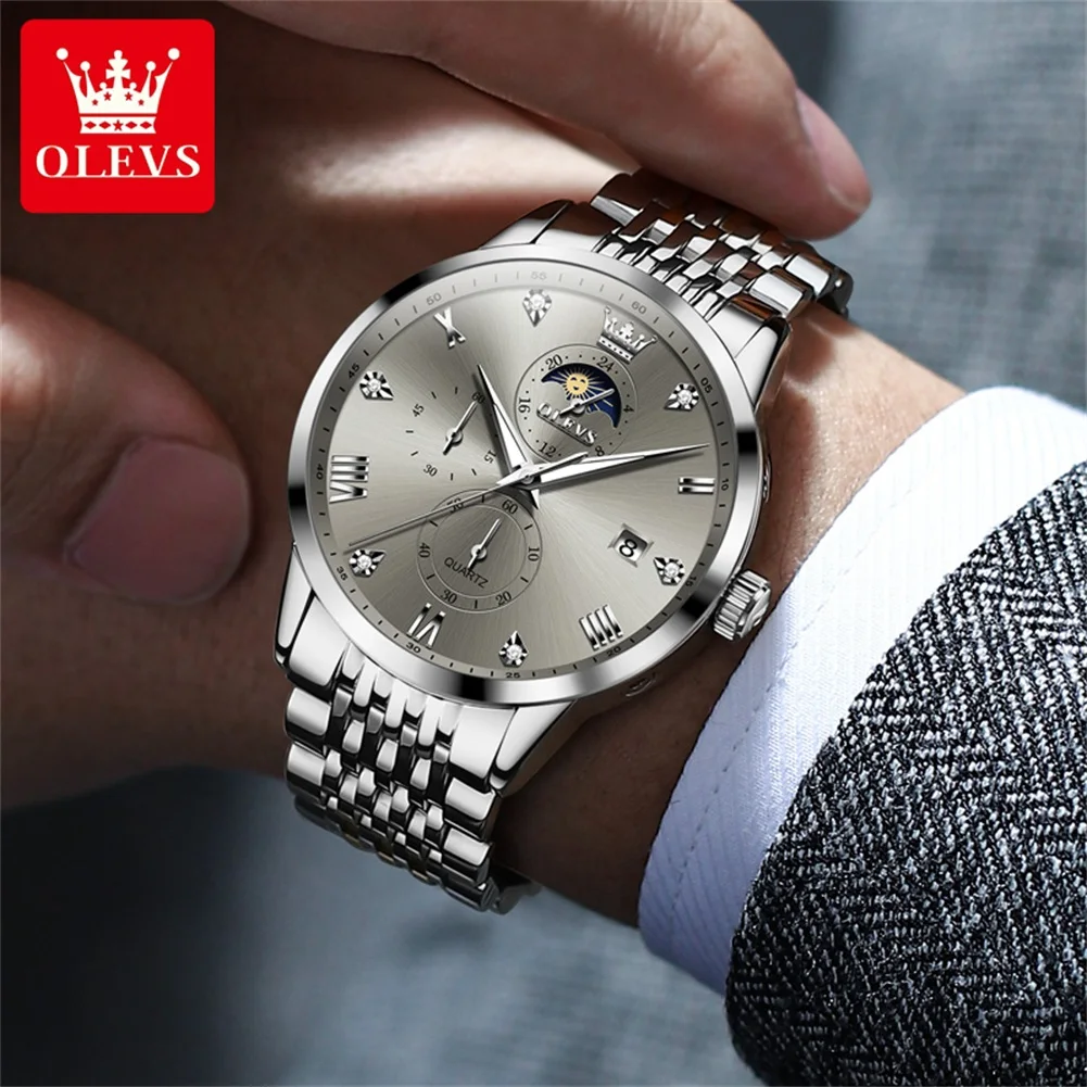 OLEVS Top Brand Men\'s Watches Business Fashion Original Quartz Watch for Man Grey Dial Moon Phase Date Chronograph Waterproof