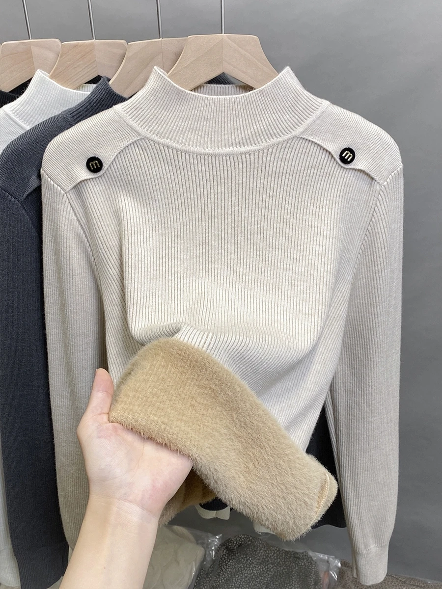 

Цельный флисовый свитер с полуводолазкой, женский флисовый свитер с утолщенным низом, вязаный свитер с внутренней верхней частью