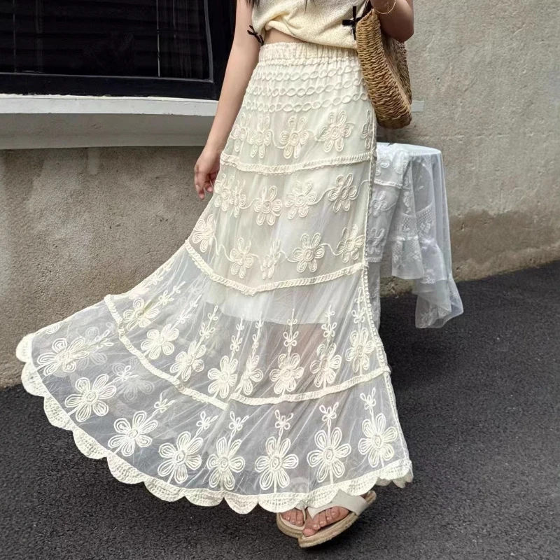 Floral Crochet Maxi Skirt Women Summer Beach Long Skirt with Elastic Waist Open-Stitch Knitted Skirts Boho Chic Resort Wear