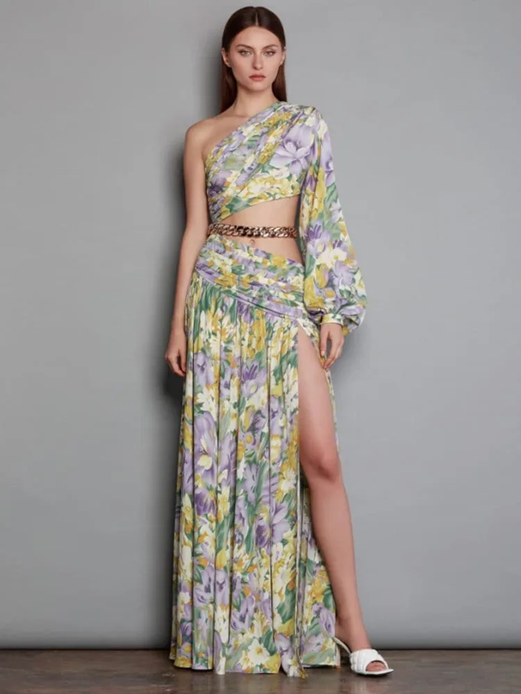 New Women Summer Dress 2023 Sexy Long Sleeve One Shoulder Floral Long Chiffon Maxi Dress Elegant Split Evening Party Dress