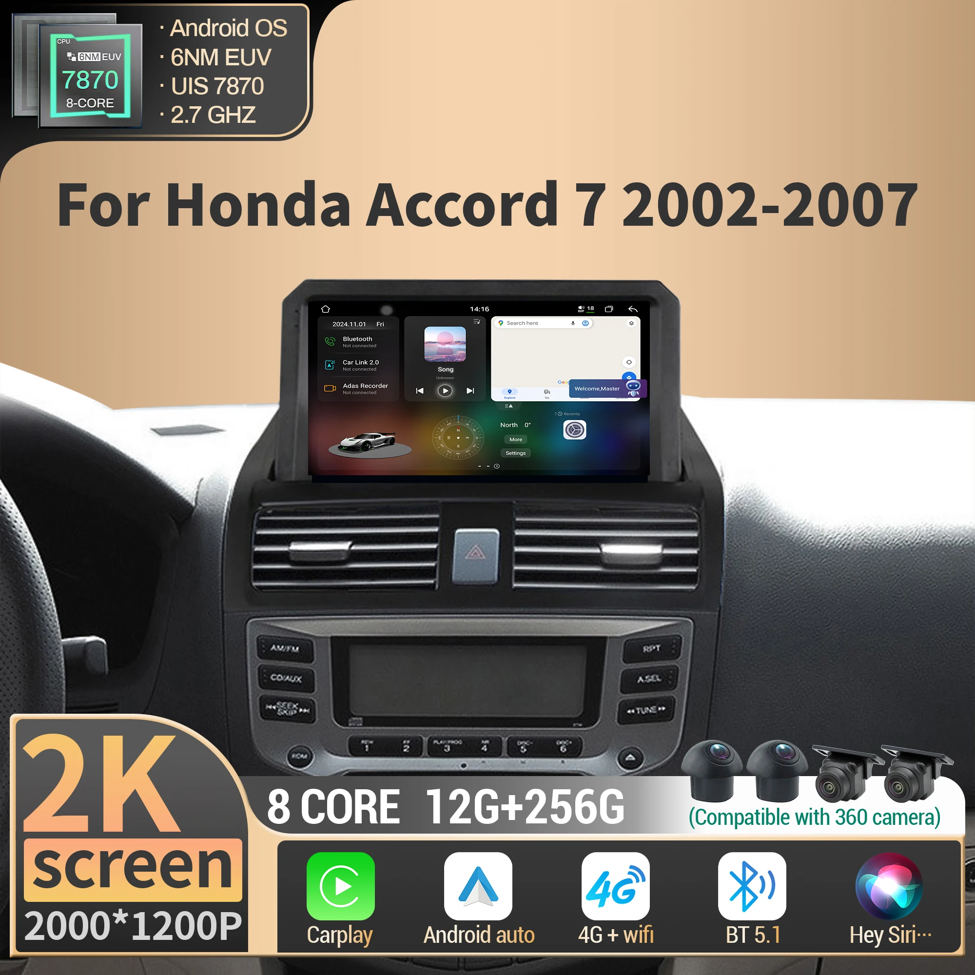 

Android 14 For Honda Accord 7 2002-2007 Car Radio Multimedia Navigation Wireless Carplay CPU 7870 8G 256G 2K QLED Screen Stereo