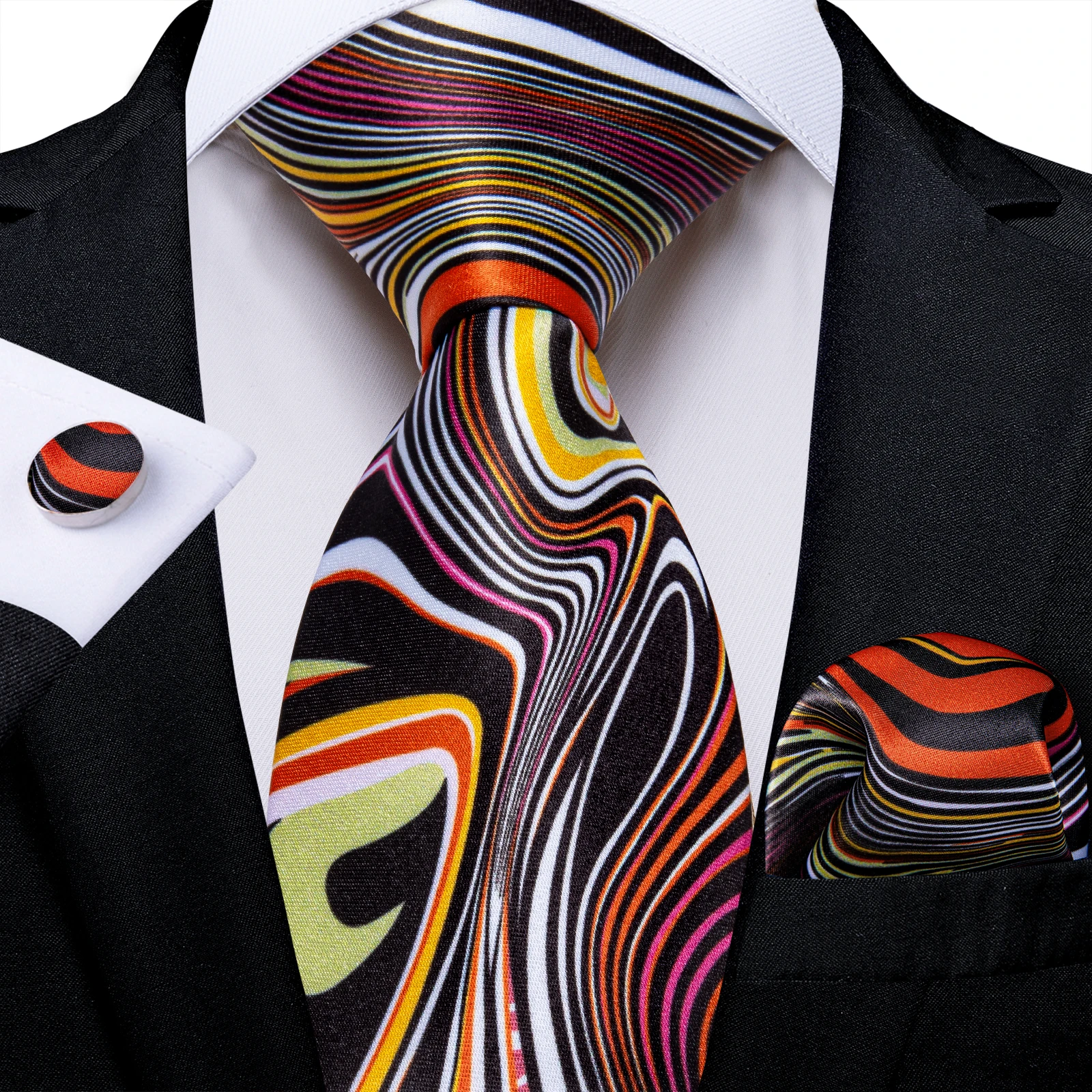 Colorful Pattern Mens Tie Set 3PCS, Paisley Swirl Dot Necktie Cufflinks Hanky For Party Events