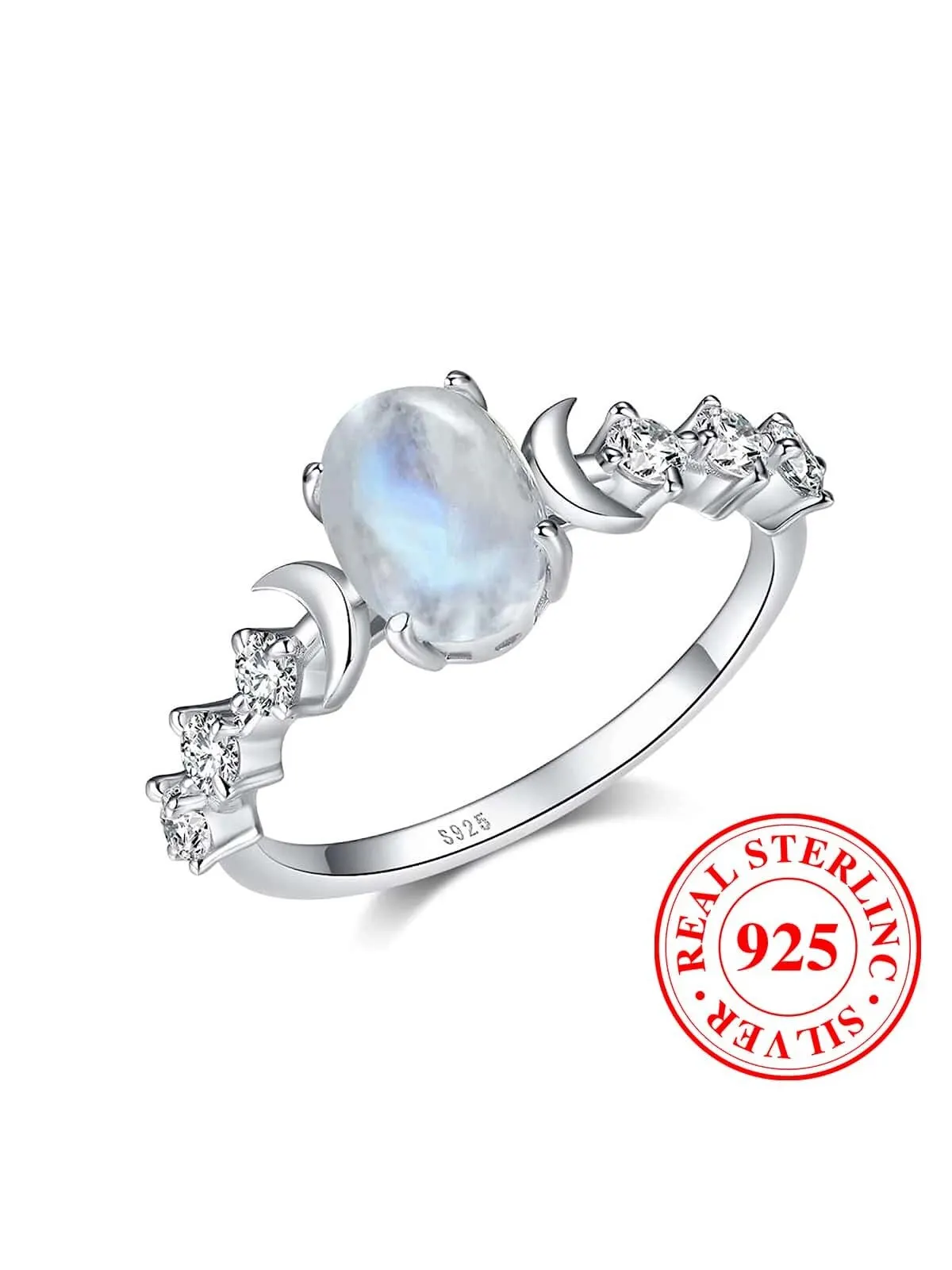 1pc Fashionable S925 Sterling Silver Four-claw Oval Moonstone Crescent Ring For Women Date Party Jewelry