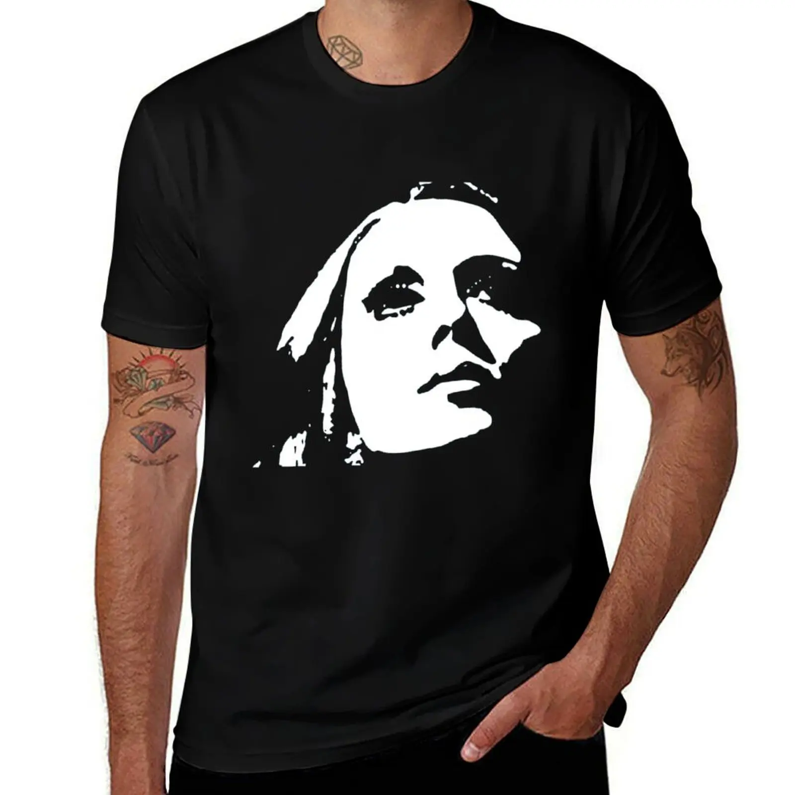 

Fairuz Black _amp_ White Caricature -  T-Shirt Simple Line Art Print Tee