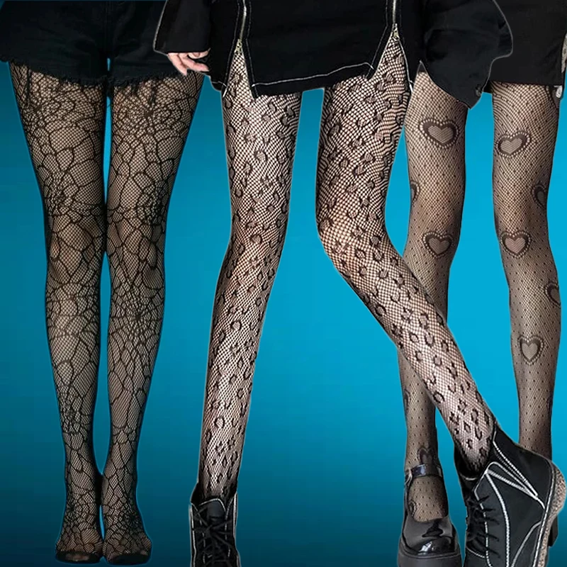 Gothic Black Fishnet Stockings Tights Women Sexy Nylon Sheer Pantyhose Lolita Hollow Spider Web Floral Lace Pantyhose Plus Size