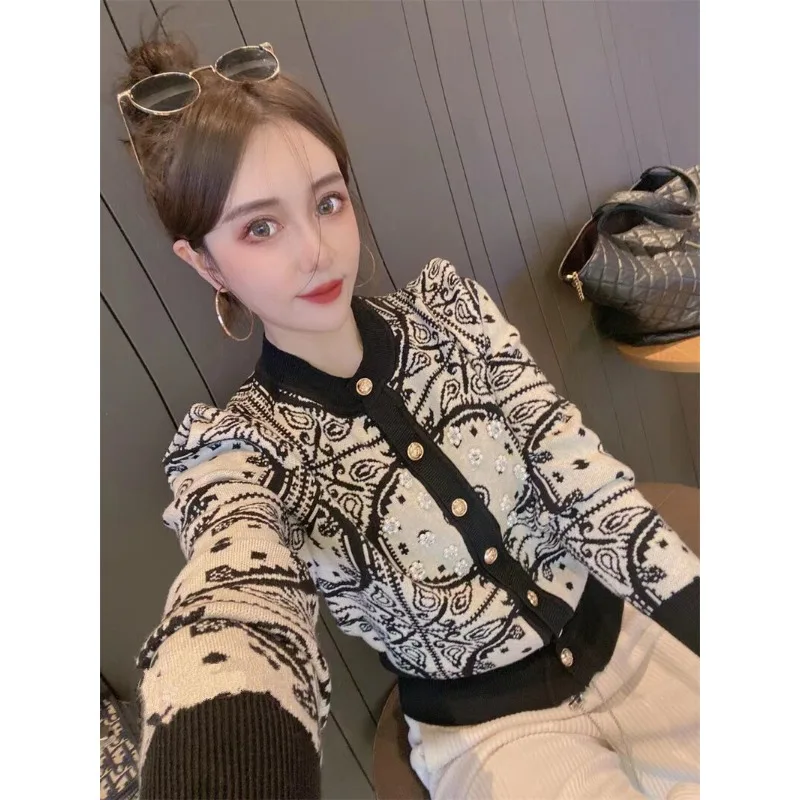 

Blouse Knitwear Women Autumn/Winter Beaded Jacquard Knit Cardigan Block-coloured Stylish New Comfortable Casual Niche Versatile