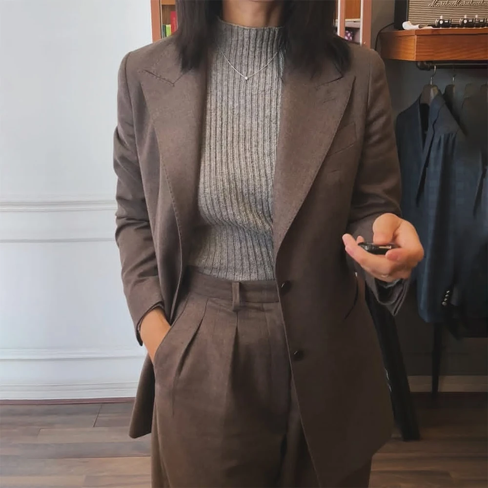 

Luxury Brown Women's Suits Chic Single Breasted Peak Lapel Straight Blazer Regular Fit 2 Piece Jacket Pants Office Lady Outfits