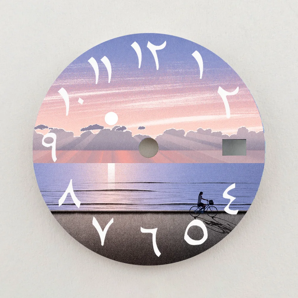 28.5mm NH35 Dial Sunset Beach Cycling Scenery Dial Green Luminous Dial Color NH36 Dial Watch Accessories Fits NH35/NH36 Movement